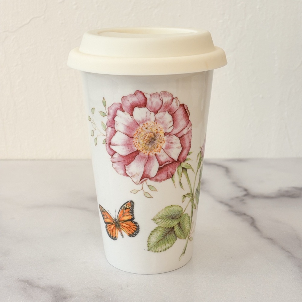 Lenox Butterfly Meadow Thermal Travel Mug 10oz Doublewall Porcelain with Lid